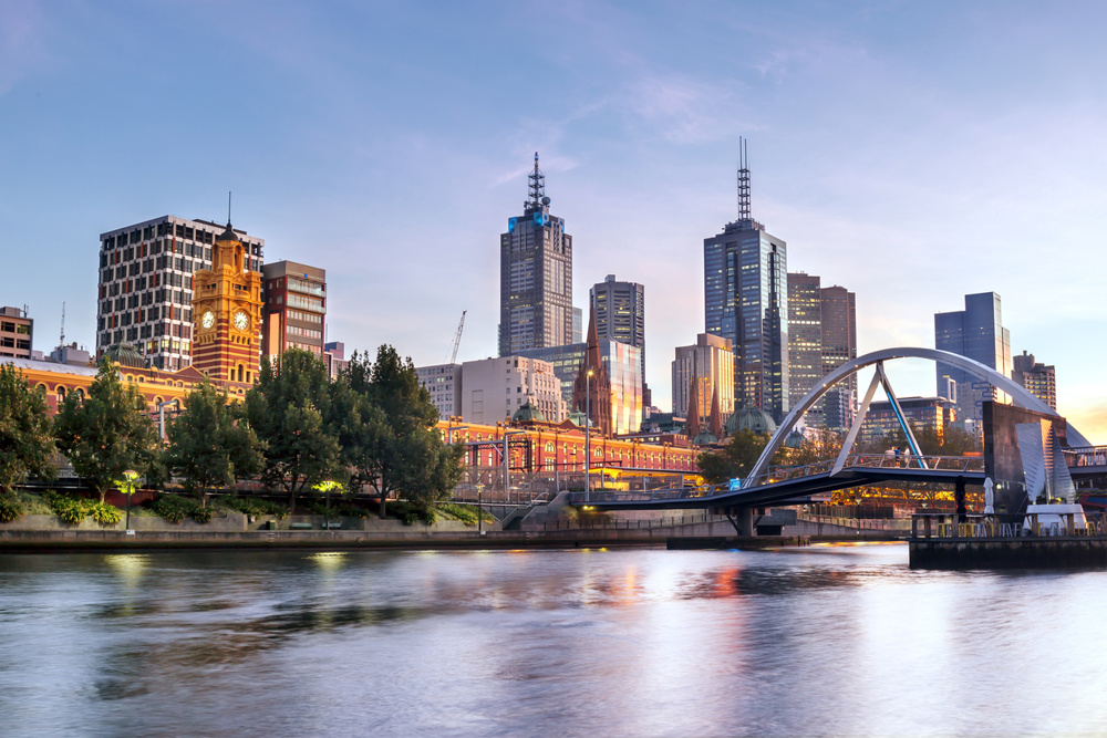 Melbourne, Australia, in early morning light. Yarra River, towards Flinders Street Station