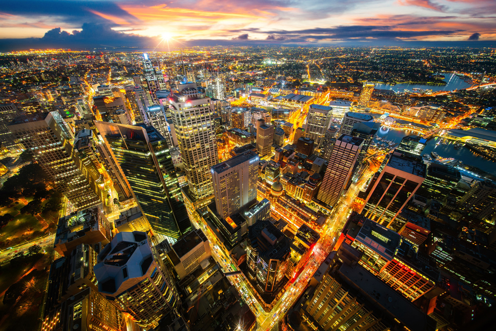 Cityscape of Sydney city from the roof top of Tower with sunset and skyline, Australia