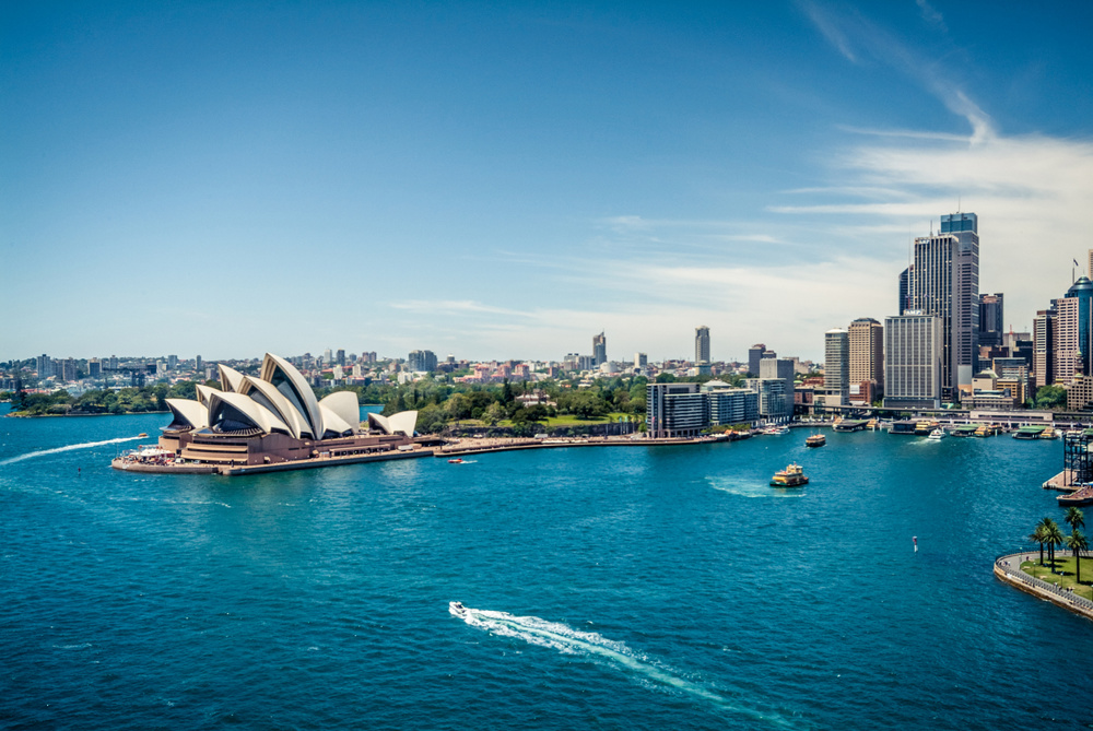 Sydney Opera House and Circular quay, ferry terminus, from the harbour bridge