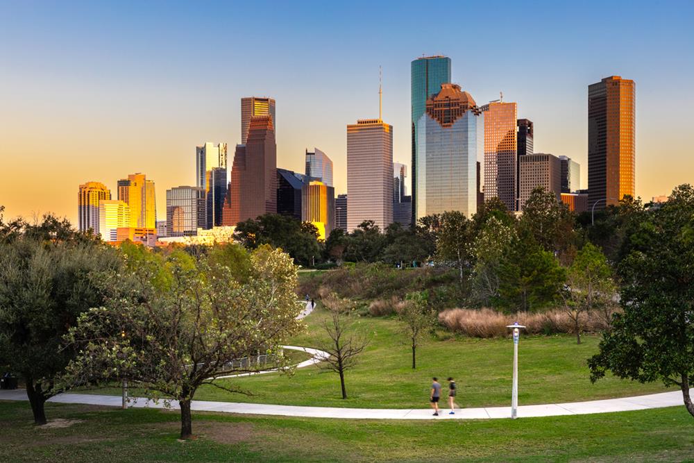 Houston Downtown modern business city with skyscraper city scape with park view from Buffalo Bayou center of Houston