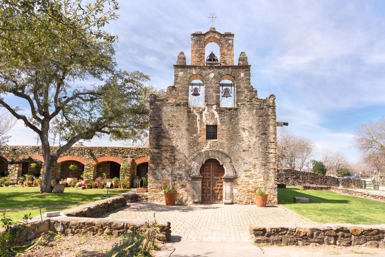 Mission Espada bathed in sunlight, San Antonio, Texas